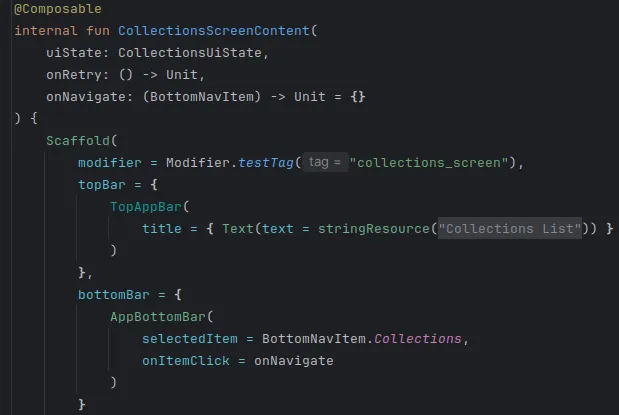 Collections screen implementation