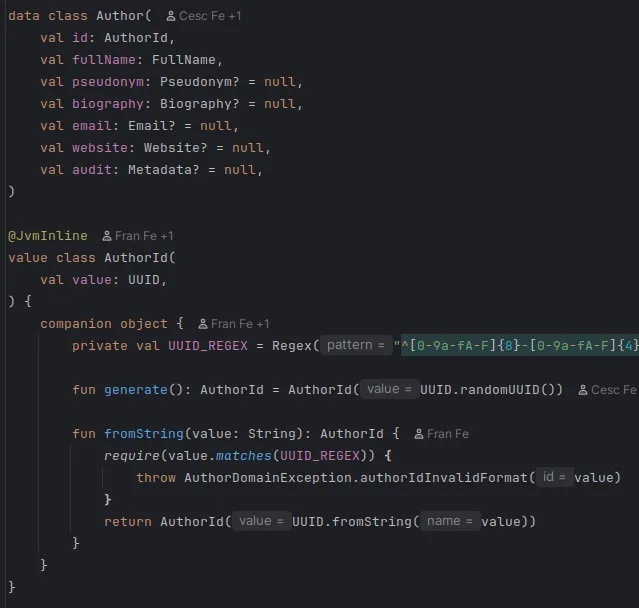 Domain modeling for Author and repository interface