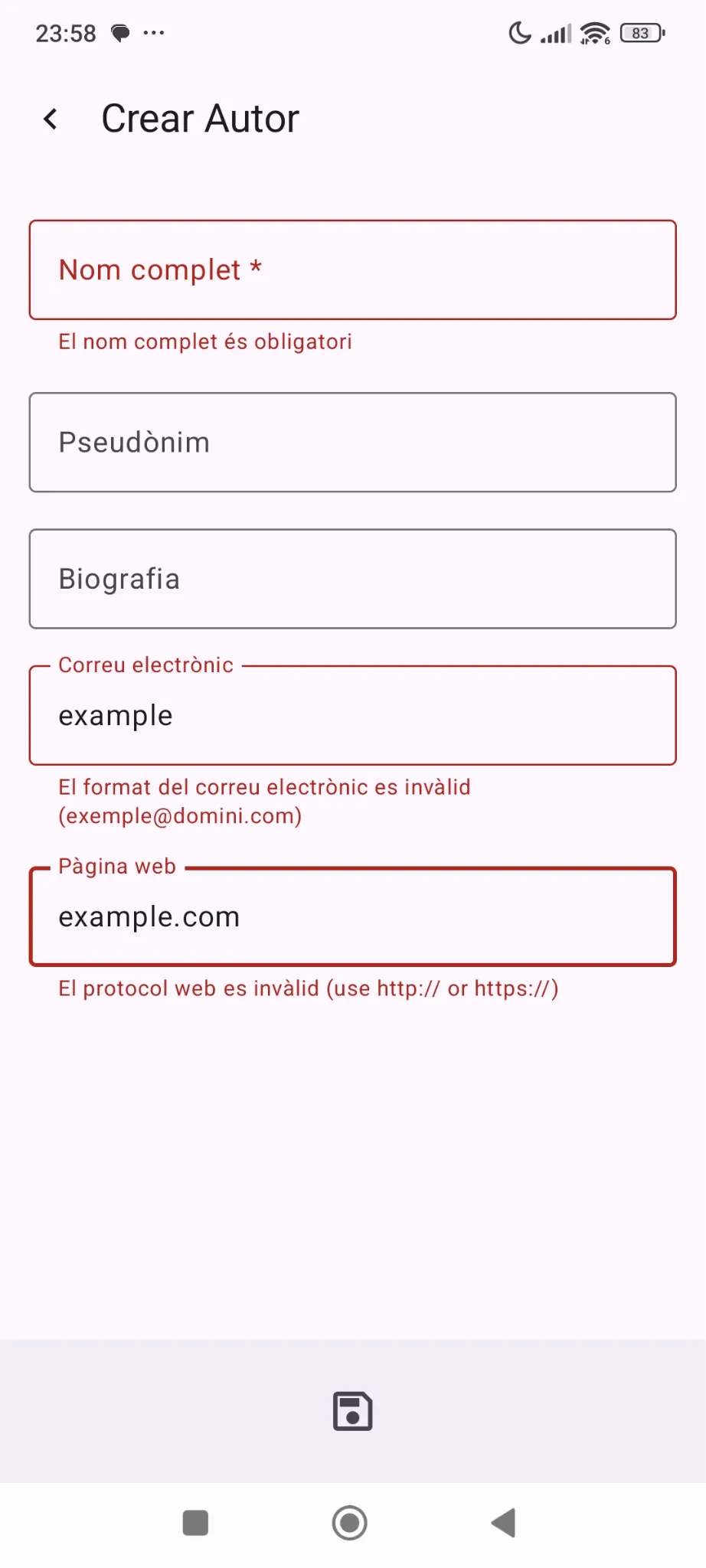 Form validation warning