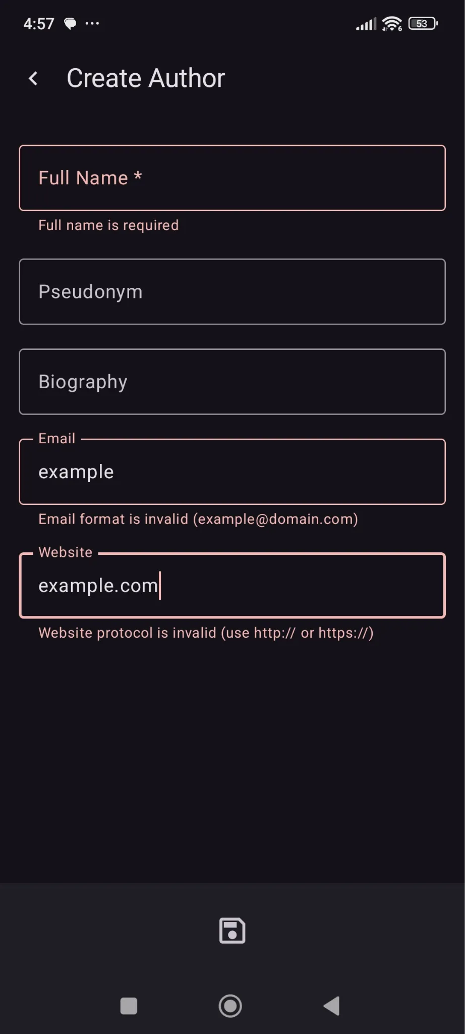 Real-time validation warning